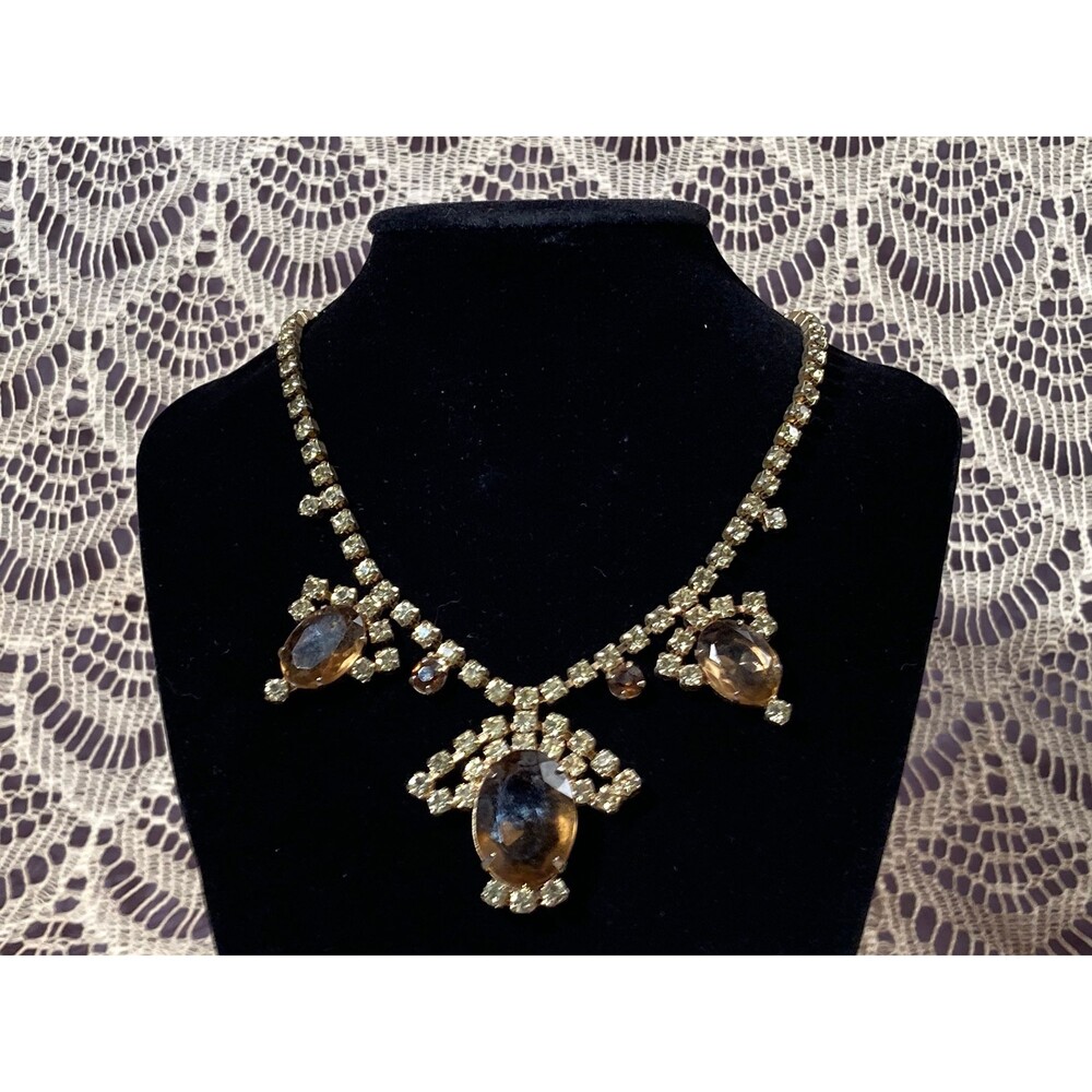 Vintage 60s Rhinestone Necklace & Clip On Earrings Set 1960s Dramatic Jewelry